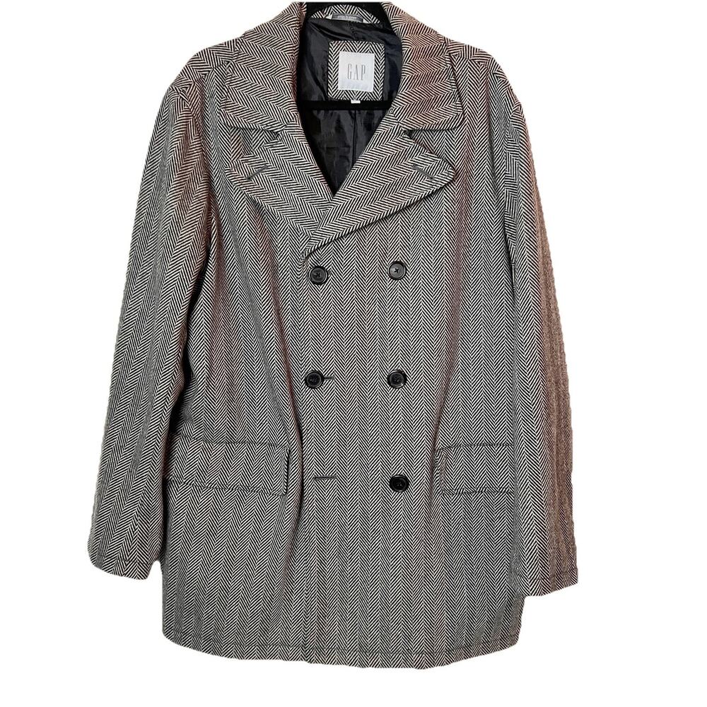 Gap Jacket Mens L Gray Pea Coat Wool Blend Double Breasted Quilted Lined